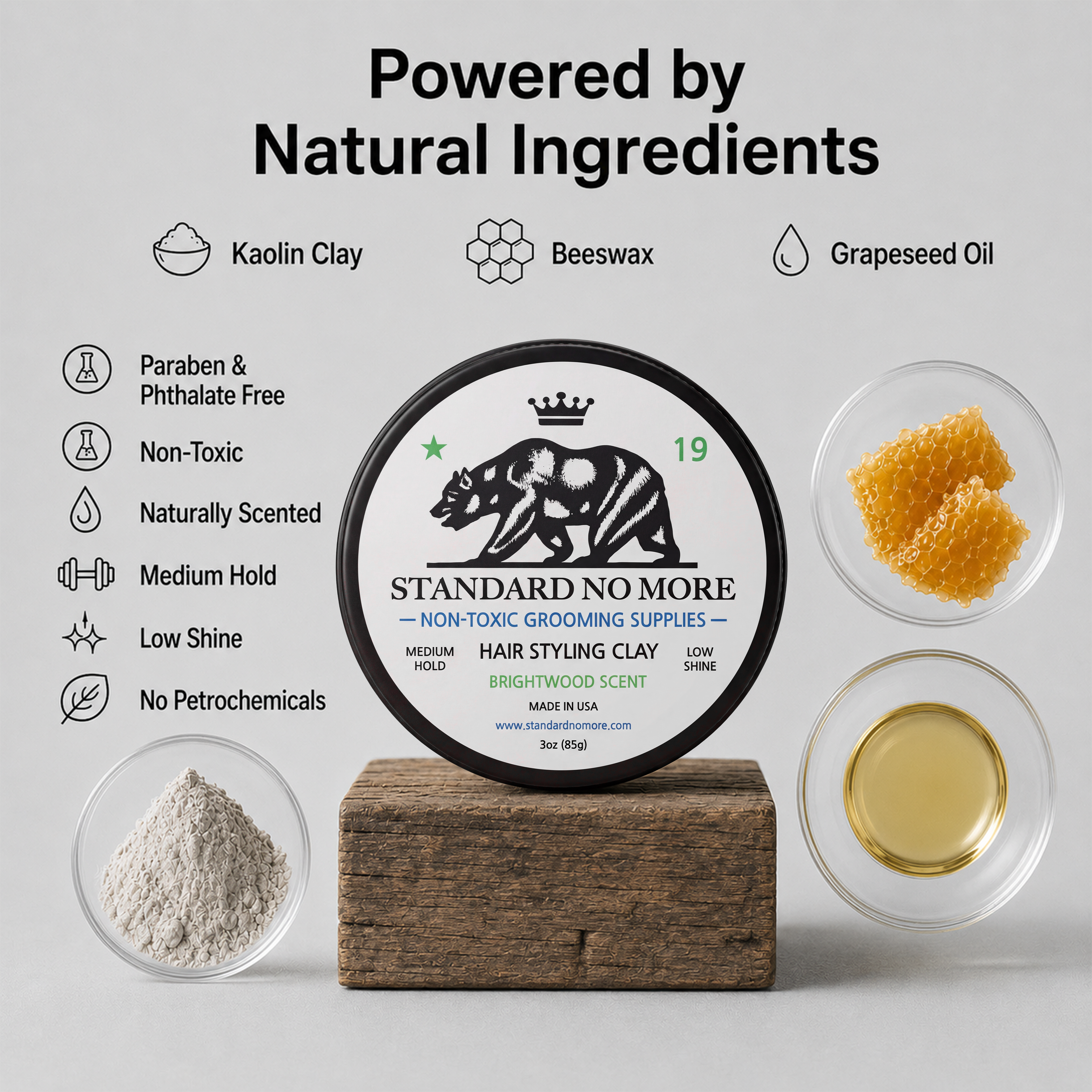 Men's Hair Styling Clay  | Medium Hold & Low Shine | Non-Toxic | 3oz